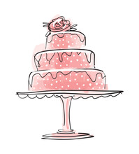 Birthday Cake 3 Tiers, Decor With Flower And White Chocolate, Pink Wedding Sketch Style, Hand Drawn Vector Illustration Isolated On White Background. Logo For A Candy Store.