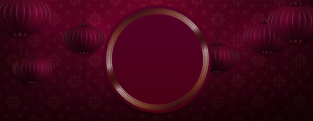 Wall Mural - Isolated round frame.Dark red background with air lanterns
