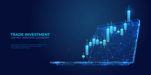 Leinwandbilder - Trade investment concept. Digital graph chart on laptop screen. Stock market candlestick in polygonal wireframe style. Web banner with abstract 3D vector illustration on blue technological background