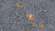 Location tracks dashboard. City street road. City streets and blocks, route distance data, path turns and destination tag or mark. Huge city top view.