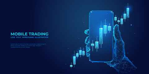 Leinwandbilder - Digital stock market graph chart in a smartphone. Abstract hand holding a phone with investment candlestick on screen. Mobile trading app concept on technological blue background. Vector illustration