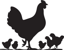 Chicken With Her Child Vector Silhouette
