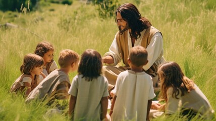 Jesus is instructing kids in a green landscape with light skin. GENERATE AI