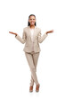 Success, confidence and portrait of businesswoman in suit with scale, decision or choice hand gesture. Happy, smile and full body of professional female lawyer isolated by transparent png background.