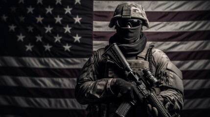 An American soldier holds a firearm with an American flag in the background. Concept of freedom and patriotism. Generative AI