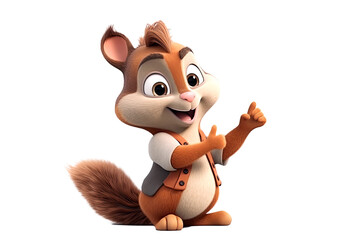 Sticker - cartoon character funny squirrel pointing fingers at a copy space on a white isolated background. Generative AI illustration