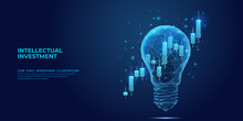 Vector Illustration 3D Low Poly Stock Market Candlestick Inside A Digital Light Bulb. Economics Or Finance Innovation Concept. Stock Market Graph Chart And Lamp. Technological Vector Illustration.