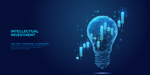 Leinwandbilder - Vector illustration 3D low poly stock market candlestick inside a digital light bulb. Economics or finance Innovation concept. Stock market graph chart and lamp. Technological Vector illustration.
