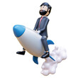 3D Happy businessman riding a high flying rocket to achieve success. Cartoon businessman working and using social networks communication. 3D rendering