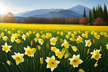 Sunny Daffodils With Their Cheerful Yellow Trumpets