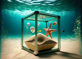 Glass cube with water and fishes in beach