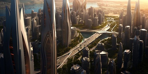 Wall Mural - futuristic high-tech city with advanced infrastructure, science fiction cityscape, fictional landsca