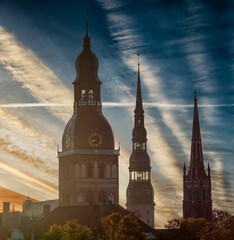 Oldest medievakl churches in historical center of Riga city - capital of Latvia and famous Baltic city widely known among tourists due to its unique medieval and Gothic architecture