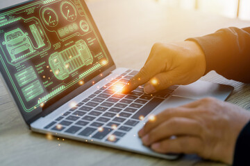 Businessman using modern smart car interface 3D rendering. Hands typing and controlling car with a digital dashboard with laptop. Smart electric car concept