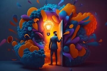 Wall Mural - bright idea and creative thinking, visualization of brainstorming, a colorful glowing idea bulb lamp, fictional person created with generative ai
