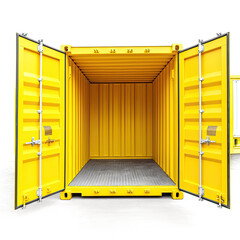 Wall Mural - Yellow cargo Container, open door, white background Generative AI