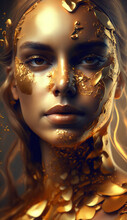 The Skin Of A Golden Woman. Beauty Fashion Model Girl With Golden Makeup On Black Background. Metallic, Look Fashion Art Portrait.Luxury Skin Care Concept. Generative AI