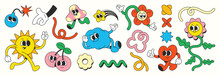 Set Of 70s Groovy Element Vector. Collection Of Cartoon Characters, Doodle Smile Face, Flower, Donut, Bomb, Star, Sparkle, Bubble, Cherry, Sun. Cute Retro Groovy Hippie Design For Decorative, Sticker.