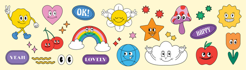 Wall Mural - Set of 70s groovy element vector. Collection of cartoon characters, doodle smile face, flower, tulip, rainbow, speech bubble, cherry, apple. Cute retro groovy hippie design for decorative, sticker.
