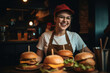 © Cavan Images - Happy caucasian waitress holding burgers at restaurant. Generative AI., Generative AI