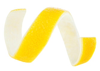 Canvas Print - Swirly lemon peel curl isolated on a white background. Fresh lemon zest. Healthy food.