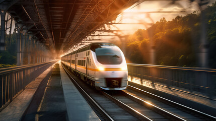 Wall Mural - International bullet train blurred in motion. Photorealistic illustration generated by Ai