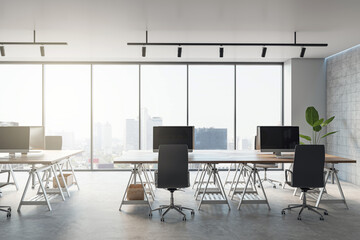 Front view of modern sunny office interior with big window and desks with computers. 3D Rendering