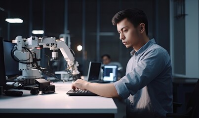 Professional young developer coding a new software program on laptop. Creating using generative AI tools