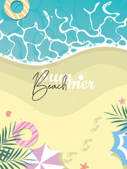 Wall Mural - Summer travel flyers with beach items and wave. Top view. Vector illustration. Tropical beach poster. Vector illustration.