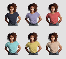 Wall Mural - Mockup of colored t-shirts on African American woman, shirt tucked into jeans, for design, commerce, front view. Set. Generative AI