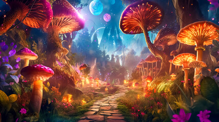 Wall Mural - surreal magical night glowing forest with mushrooms, made with Generative AI