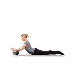 Ball, fitness and woman training for health, wellness and core strength isolated in a transparent or png background. Training, energy and healthy female person or athlete workout for muscle or sport