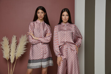 Wall Mural - Two fashion asian models in identical looks with the pattern. Dress and jumpsuit. Beautiful young women. Rosy brown and Striped Corrugated Wall, dry branches.