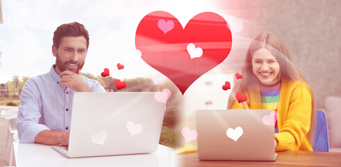 Sticker - Man and woman chatting on dating site indoors, banner design. Many hearts between them