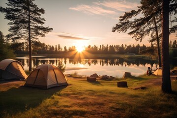 beautiful sunset over a campground near a peaceful lake with multiple tents in view, showcasing the 