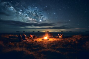 Canvas Print - a serene image of a crackling campfire under a clear, star-studded night sky, capturing the essence 