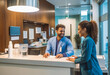© VisualProduction - Man communicating with female receptionist at hospital. Professional receptionist at clinic building welcoming male guest. Generative AI