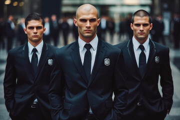 Bodyguards in suits. Group of professional serious bodyguards in business suits. Generative AI