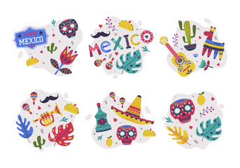 Canvas Print - Bright Mexico Object with Guitar, Maraca, Skull and Pinata Element Vector Composition Set