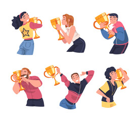 Sticker - Man and Woman Winner Holding Golden Cup as Trophy and Award Vector Illustration Set