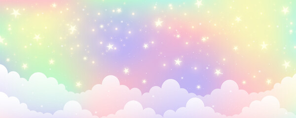 Wall Mural - cloudy sky background. unicorn fantasy pastel galaxy. rainbow cute wallpaper. fluffy magic pink land