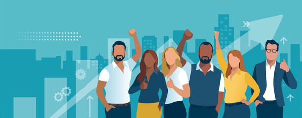 Wall Mural - Success. A group of six colleagues celebrate a success. Vector flat style illustration.