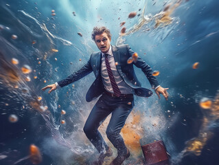 Wall Mural - businessman diving and screaming underwater, Generative AI