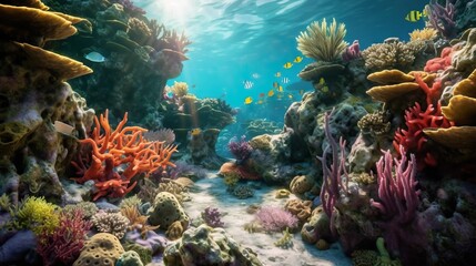 a coral reef has sun beams as light shines below, background