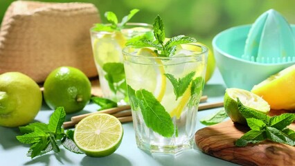 Sticker - Lemonade. A refreshing summer drink with fresh lemons, mint and lime. Video 4k