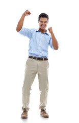 Winner, success and portrait of business man in yes, celebration and cheers of bonus, news or goals. Winning, wow or excited person or worker with fist or power isolated on transparent png background