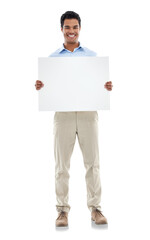 poster, advertising and portrait of man with billboard on isolated, png and transparent background. 