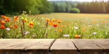 Empty Wooden Table Blurred Wheat, Flower Field In The Background. With Generative AI