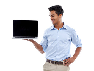 Isolated businessman, blank laptop screen and smile with mockup space by transparent png background. Indian business man, computer and show screen with mock up, tech and promotion with web design job