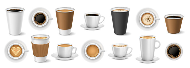 realistic coffee to go cups. coffee shop paper and ceramic cup mockups, takeaway cappuccino, latte a